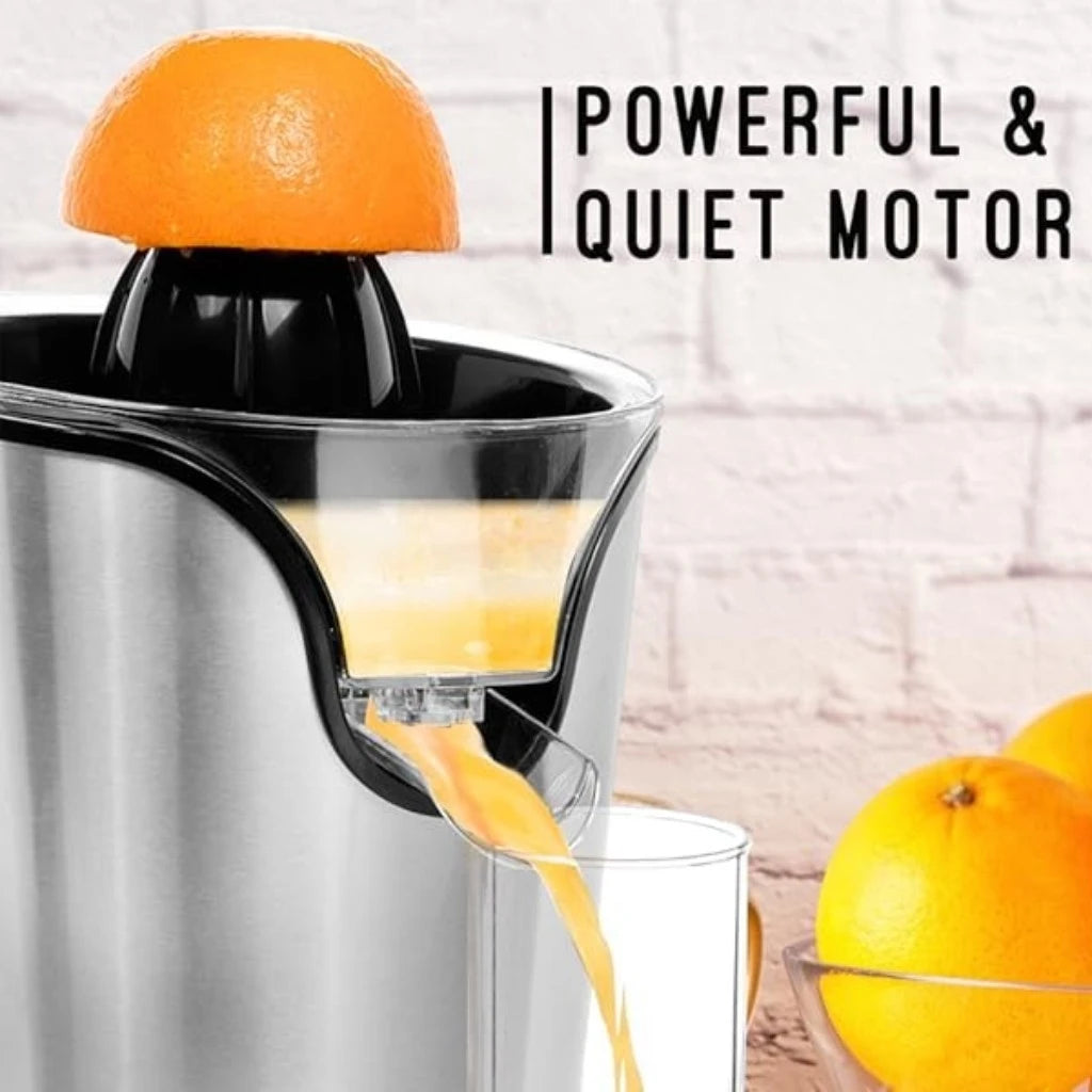 Geepas Electric Citrus Juicer – Stainless Steel Orange & Lemon Juicer with Anti-Drip Spout, Dishwasher-Safe Parts, Quiet Motor, 100W , Compact Design for Freshly Squeezed Fruit Juice – GCJ46013UK – Silver - Damoo