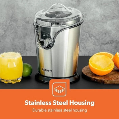 Geepas Electric Citrus Juicer – Stainless Steel Orange & Lemon Juicer with Anti-Drip Spout, Dishwasher-Safe Parts, Quiet Motor, 100W , Compact Design for Freshly Squeezed Fruit Juice – GCJ46013UK – Silver - Damoo