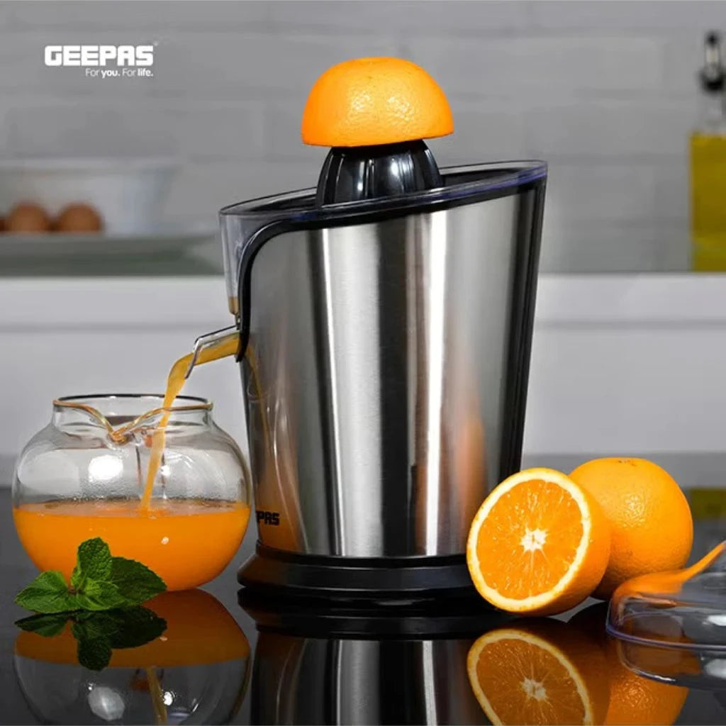 Geepas Electric Citrus Juicer – Stainless Steel Orange & Lemon Juicer with Anti-Drip Spout, Dishwasher-Safe Parts, Quiet Motor, 100W , Compact Design for Freshly Squeezed Fruit Juice – GCJ46013UK – Silver - Damoo