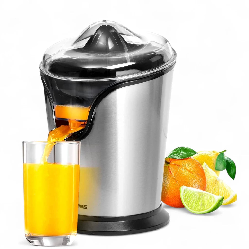 Geepas Electric Citrus Juicer – Stainless Steel Orange & Lemon Juicer with Anti-Drip Spout, Dishwasher-Safe Parts, Quiet Motor, 100W , Compact Design for Freshly Squeezed Fruit Juice – GCJ46013UK – Silver - Damoo