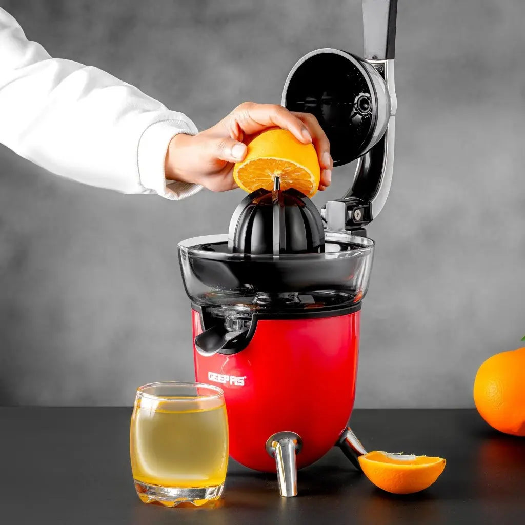 Geepas Electric Citrus Juicer – Stainless Steel Orange, Lemon & Lime Juicer with Anti-Drip Spout, Quiet Motor, Whole Fruit Processing, 100 W , 1L Capacity, Easy to Clean, Compact Design –  GCJ46021 – Red - Damoo