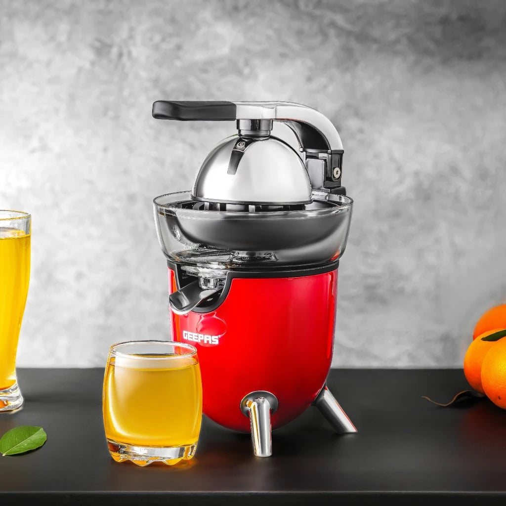 Geepas Electric Citrus Juicer – Stainless Steel Orange, Lemon & Lime Juicer with Anti-Drip Spout, Quiet Motor, Whole Fruit Processing, 100 W , 1L Capacity, Easy to Clean, Compact Design –  GCJ46021 – Red - Damoo