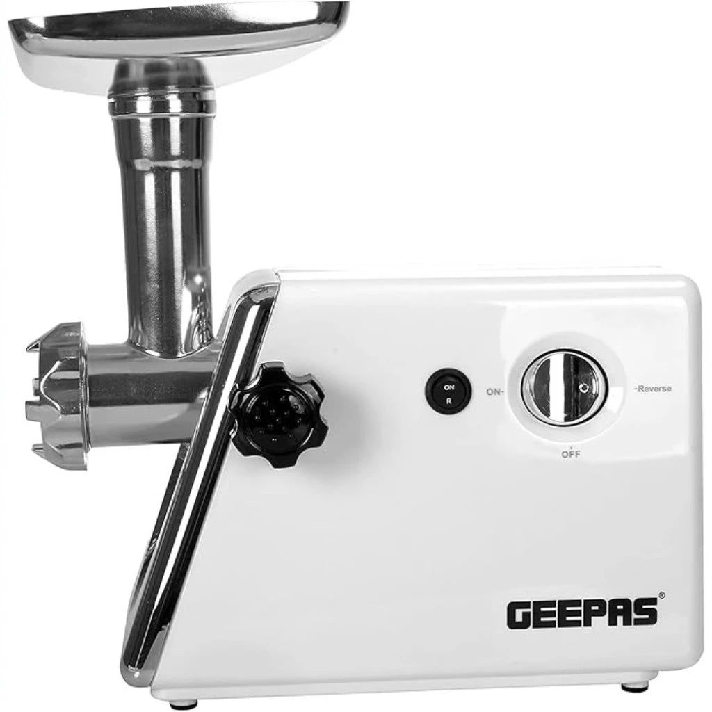 Geepas Electric Meat Grinder – 1KG/Min Capacity, Reverse Function, Stainless Steel Blades, Sausage Attachment & Food Pusher – Durable Meat Mincer – White - GMG746 - Damoo