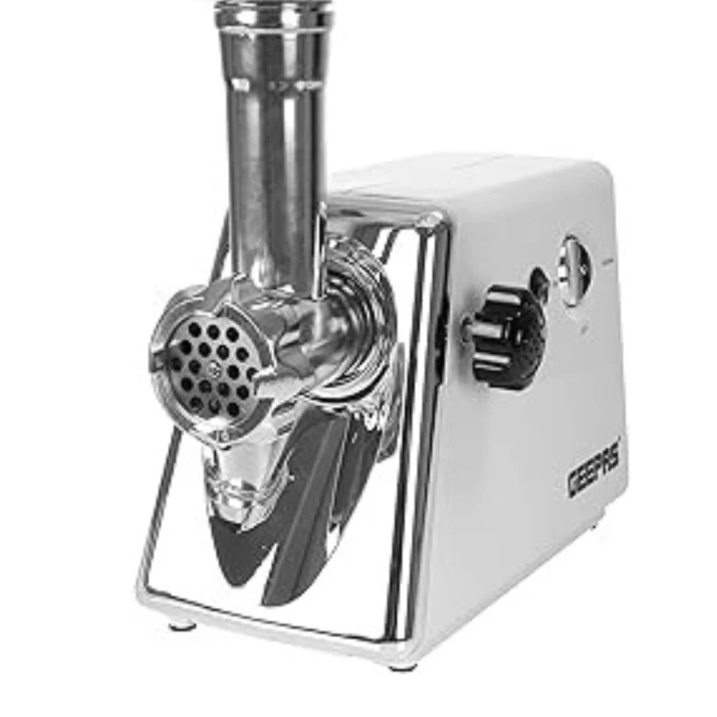 Geepas Electric Meat Grinder – 1KG/Min Capacity, Reverse Function, Stainless Steel Blades, Sausage Attachment & Food Pusher – Durable Meat Mincer – White - GMG746 - Damoo