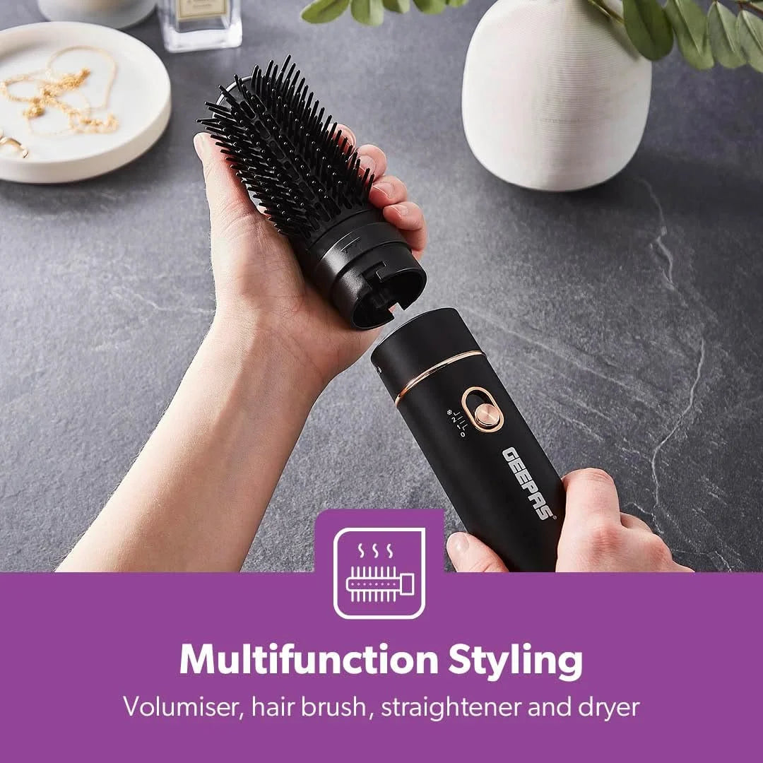 Geepas GH86064 Ceramic Hair Styler for Men & Women – 1100W Hot Air Brush with Cool Shot, 2 Heat Settings, Overheat Protection, Built-In Comb & J Attachment – Black - Damoo