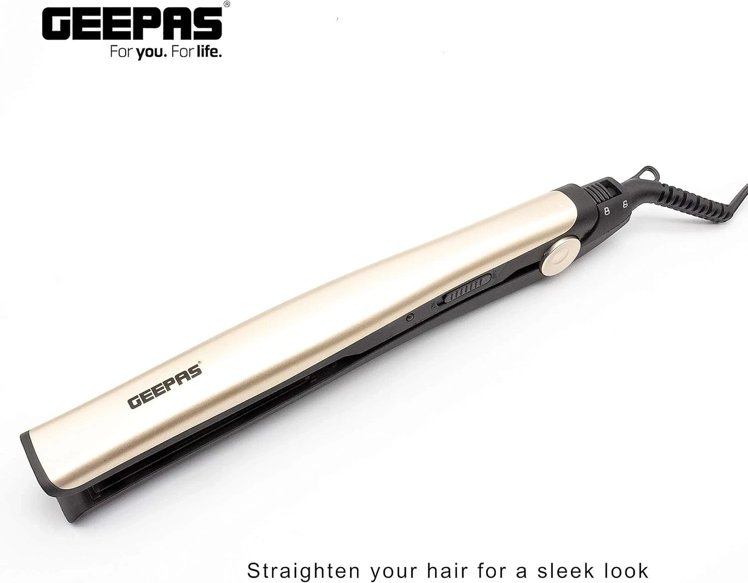 Geepas Go Silky Hair Straightener – 28W, Ceramic Coated Plates, 200°C Max Temperature, PTC Heater, LED Indicator, 360° Swivel Cord, Lockable Handle, Hanging Loop, Gold/Black – GHS86016 - Damoo