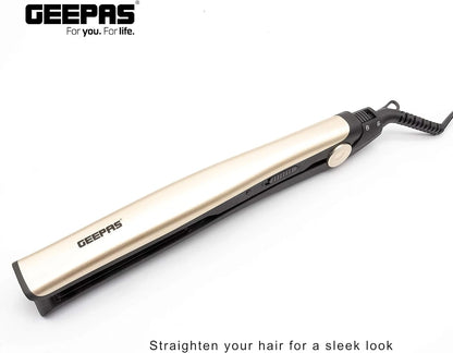 Geepas Go Silky Hair Straightener – 28W, Ceramic Coated Plates, 200°C Max Temperature, PTC Heater, LED Indicator, 360° Swivel Cord, Lockable Handle, Hanging Loop, Gold/Black – GHS86016 - Damoo