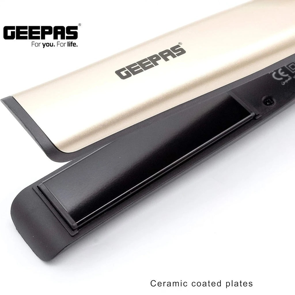 Geepas Go Silky Hair Straightener – 28W, Ceramic Coated Plates, 200°C Max Temperature, PTC Heater, LED Indicator, 360° Swivel Cord, Lockable Handle, Hanging Loop, Gold/Black – GHS86016 - Damoo
