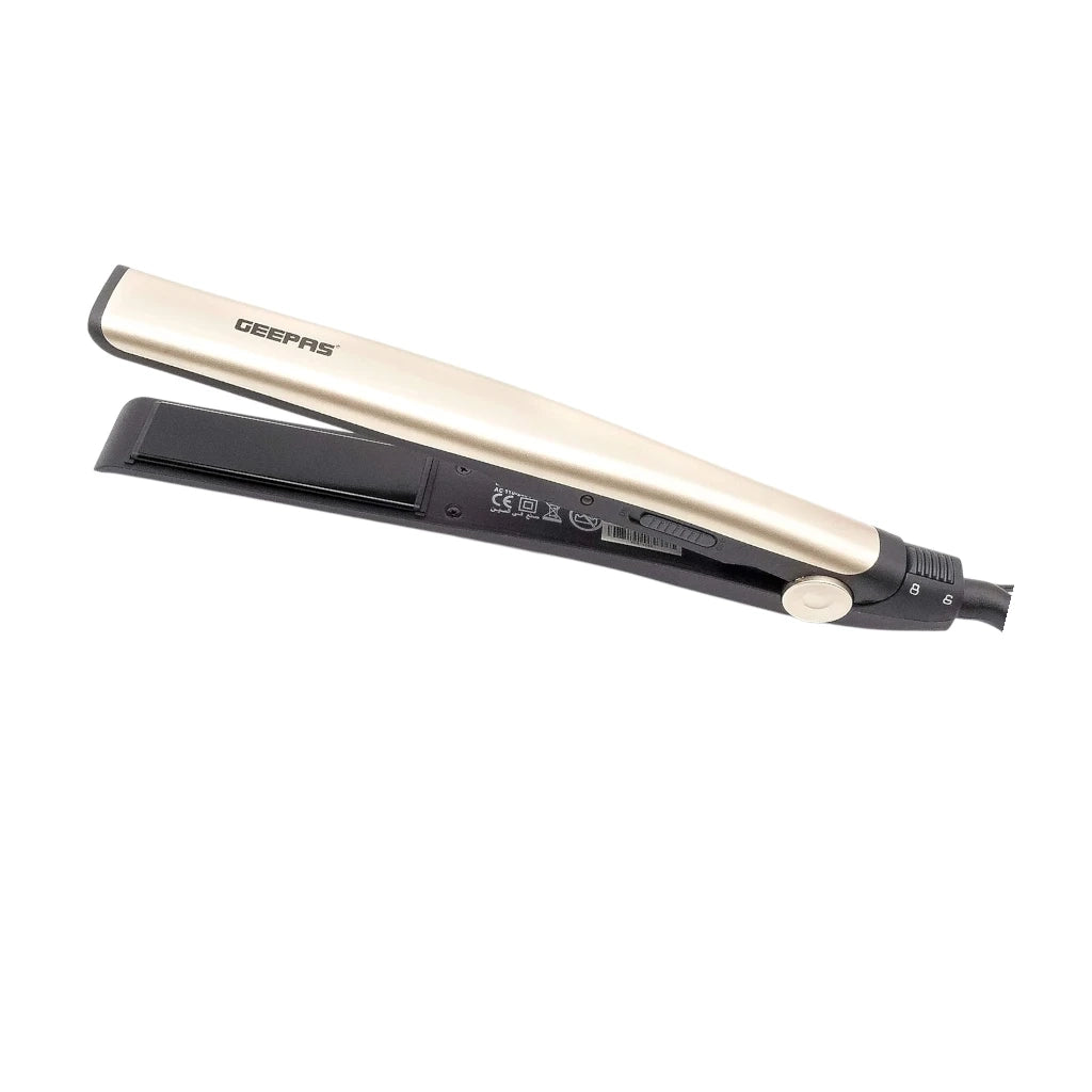 Geepas Go Silky Hair Straightener – 28W, Ceramic Coated Plates, 200°C Max Temperature, PTC Heater, LED Indicator, 360° Swivel Cord, Lockable Handle, Hanging Loop, Gold/Black – GHS86016 - Damoo
