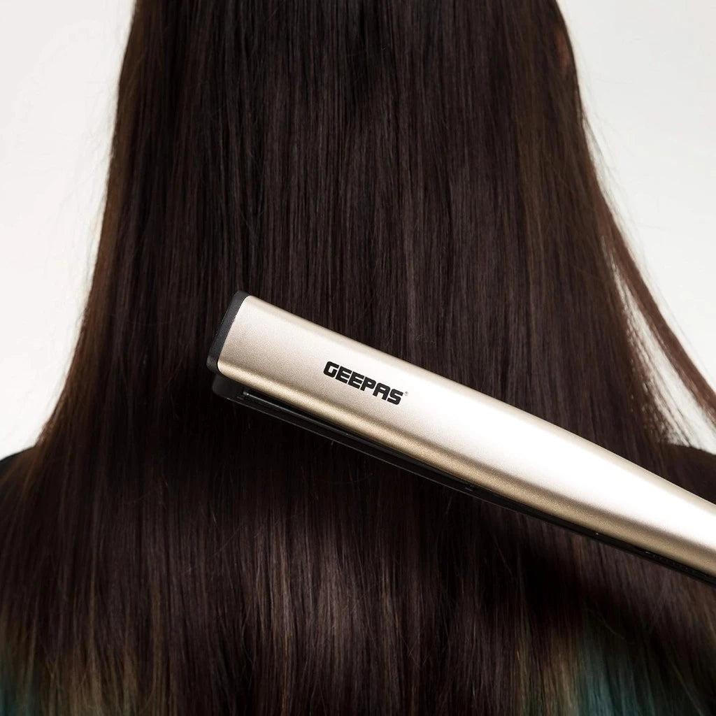 Geepas Go Silky Hair Straightener – 28W, Ceramic Coated Plates, 200°C Max Temperature, PTC Heater, LED Indicator, 360° Swivel Cord, Lockable Handle, Hanging Loop, Gold/Black – GHS86016 - Damoo