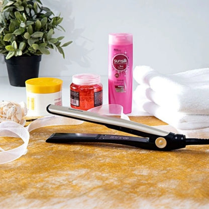 Geepas Go Silky Hair Straightener – 28W, Ceramic Coated Plates, 200°C Max Temperature, PTC Heater, LED Indicator, 360° Swivel Cord, Lockable Handle, Hanging Loop, Gold/Black – GHS86016 - Damoo