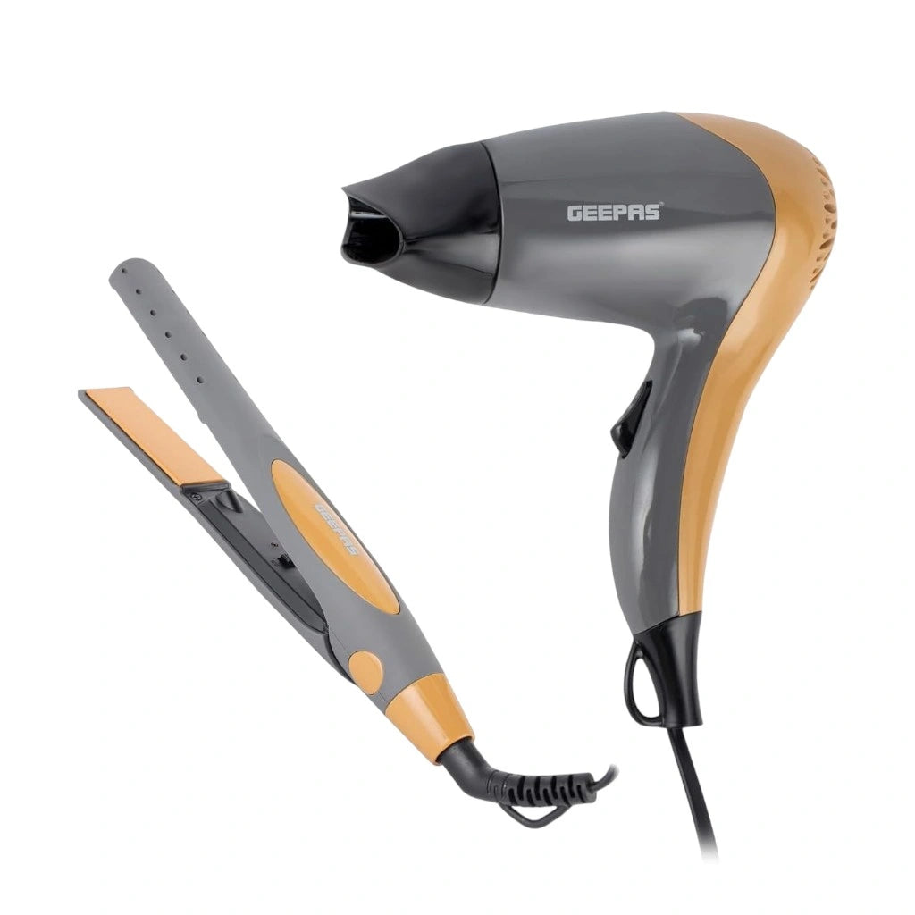 Geepas Hair Dryer & Straightener Combo – 2200W Powerful Hair Dryer with Cool Shot, 2 Speed/Temperature Settings & 35W Ceramic Straightener for Smooth, Frizz-Free Styling – Black & Gold | GHF86074 - Damoo