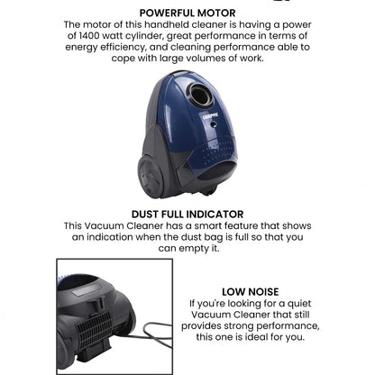 Geepas Handheld & Stick Vacuum Cleaner | 1.5L Capacity, Cyclonic Filtration,  1400W , Dust Full Indicator, Low Noise | Lightweight & Compact, Corded Electric for All Floors - GVC2595 - Damoo