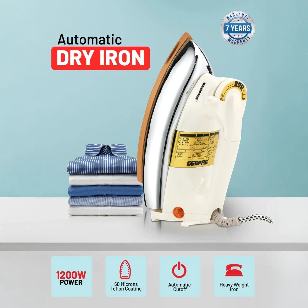 Geepas Heavy Weight Dry Iron – 1200W, 2.5 kg, Non-Stick Teflon Soleplate, Temperature Control, Overheat Protection, Fabric Guide, Shock-Resistant Handle – White & Gold - GDI23011 - Damoo