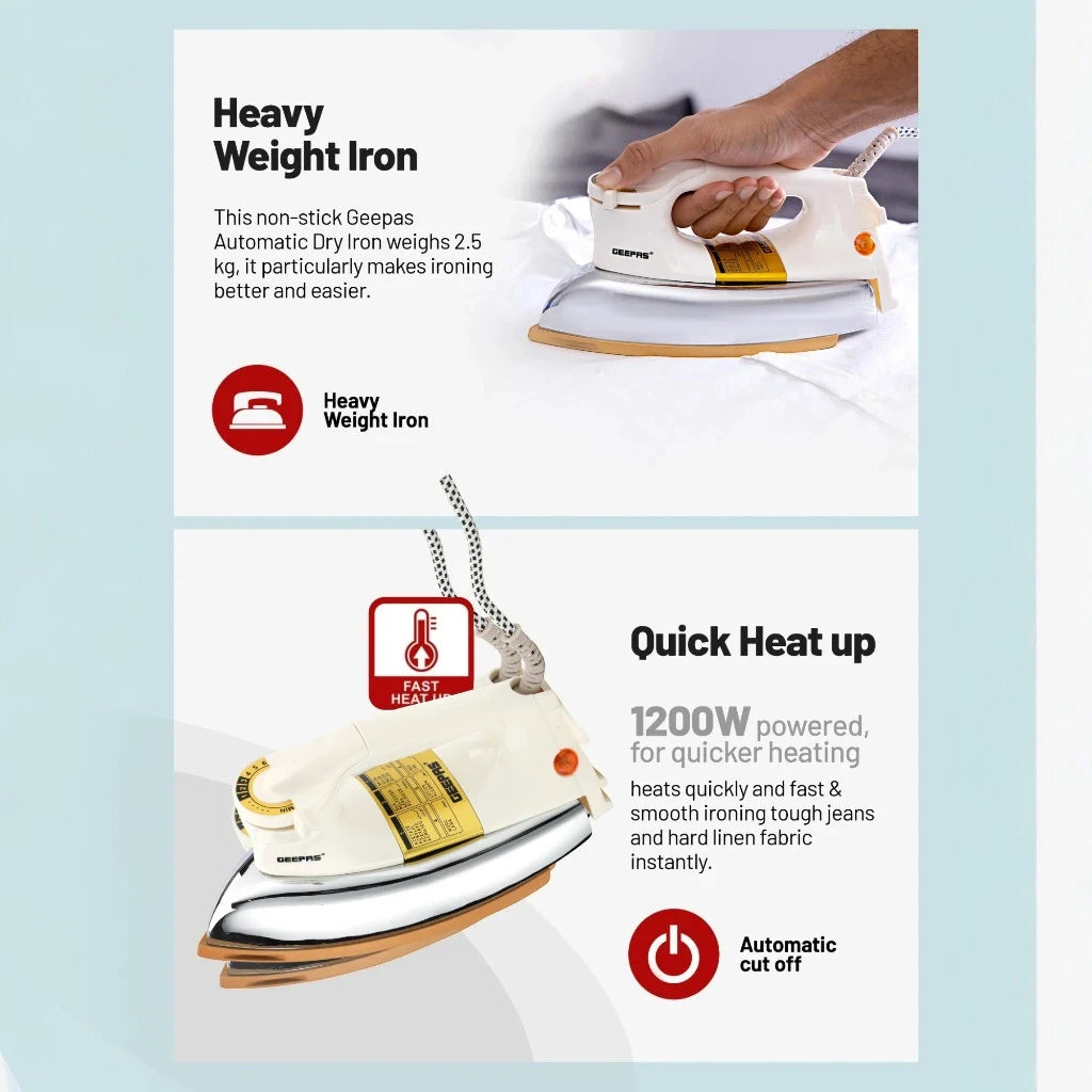 Geepas Heavy Weight Dry Iron – 1200W, 2.5 kg, Non-Stick Teflon Soleplate, Temperature Control, Overheat Protection, Fabric Guide, Shock-Resistant Handle – White & Gold - GDI23011 - Damoo