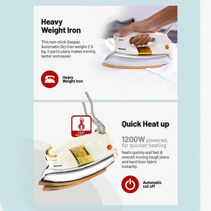 Geepas Heavy Weight Dry Iron – 1200W, 2.5 kg, Non-Stick Teflon Soleplate, Temperature Control, Overheat Protection, Fabric Guide, Shock-Resistant Handle – White & Gold - GDI23011 - Damoo