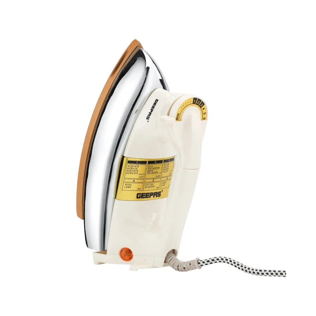 Geepas Heavy Weight Dry Iron – 1200W, 2.5 kg, Non-Stick Teflon Soleplate, Temperature Control, Overheat Protection, Fabric Guide, Shock-Resistant Handle – White & Gold - GDI23011 - Damoo