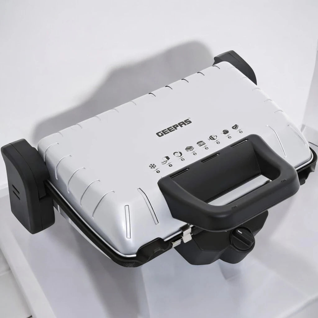 Geepas Multifunction Grill Maker – 1600W Non-Stick Sandwich & BBQ Grill with Adjustable Thermostat, Detachable Plates, Overheat Protection & Vertical Storage – Silver - GGM5458 - Damoo