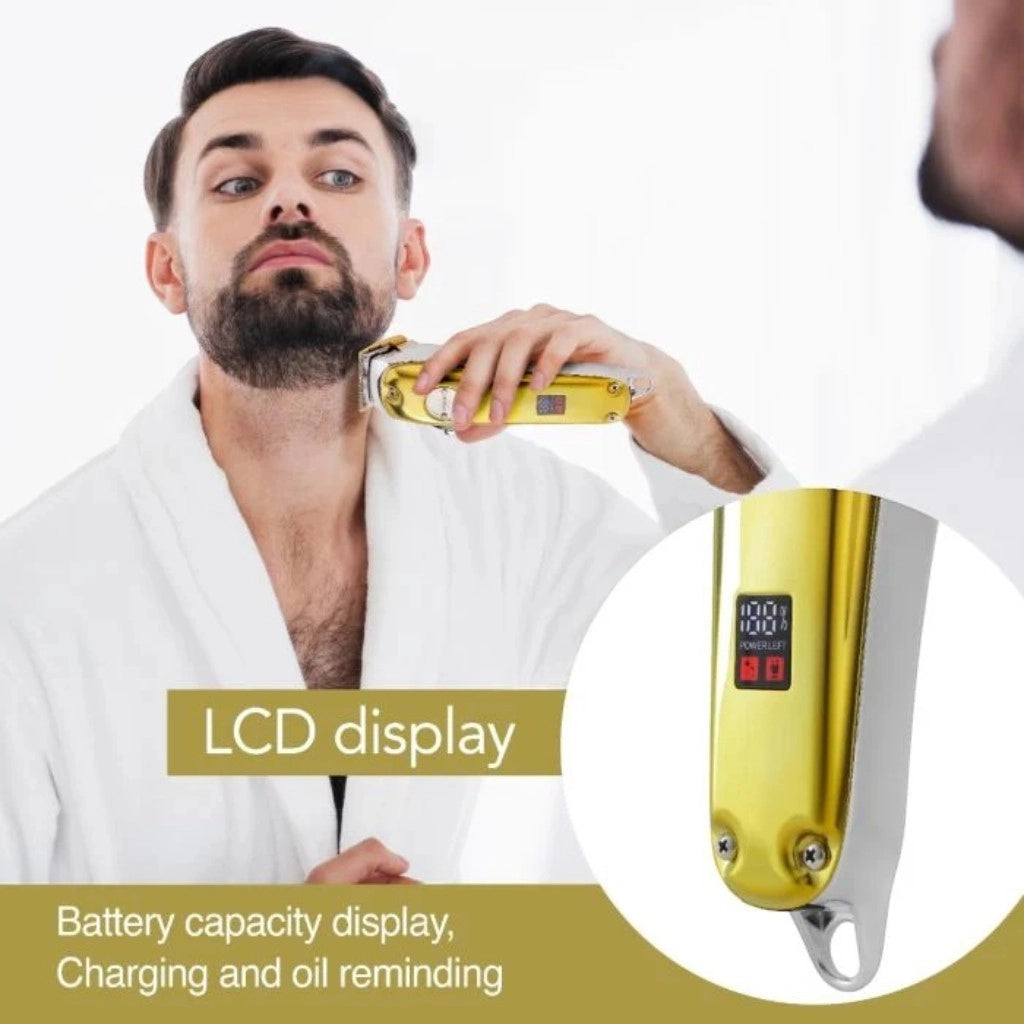 Geepas Professional Digital Hair Clipper – LCD Display, Cordless, 4 Adjustable Blades & Combs, 2500mAh Rechargeable Battery, Gold Finish - GTR57502 - Damoo