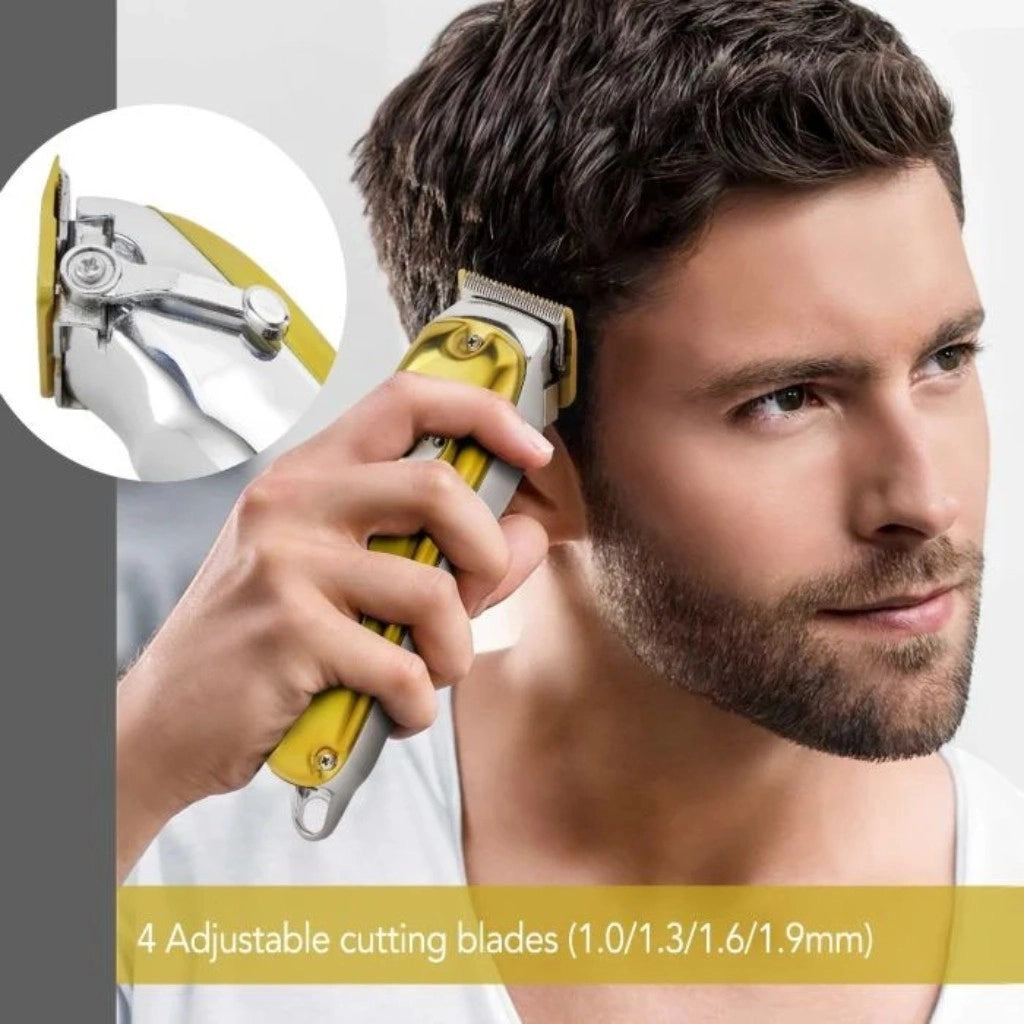 Geepas Professional Digital Hair Clipper – LCD Display, Cordless, 4 Adjustable Blades & Combs, 2500mAh Rechargeable Battery, Gold Finish - GTR57502 - Damoo