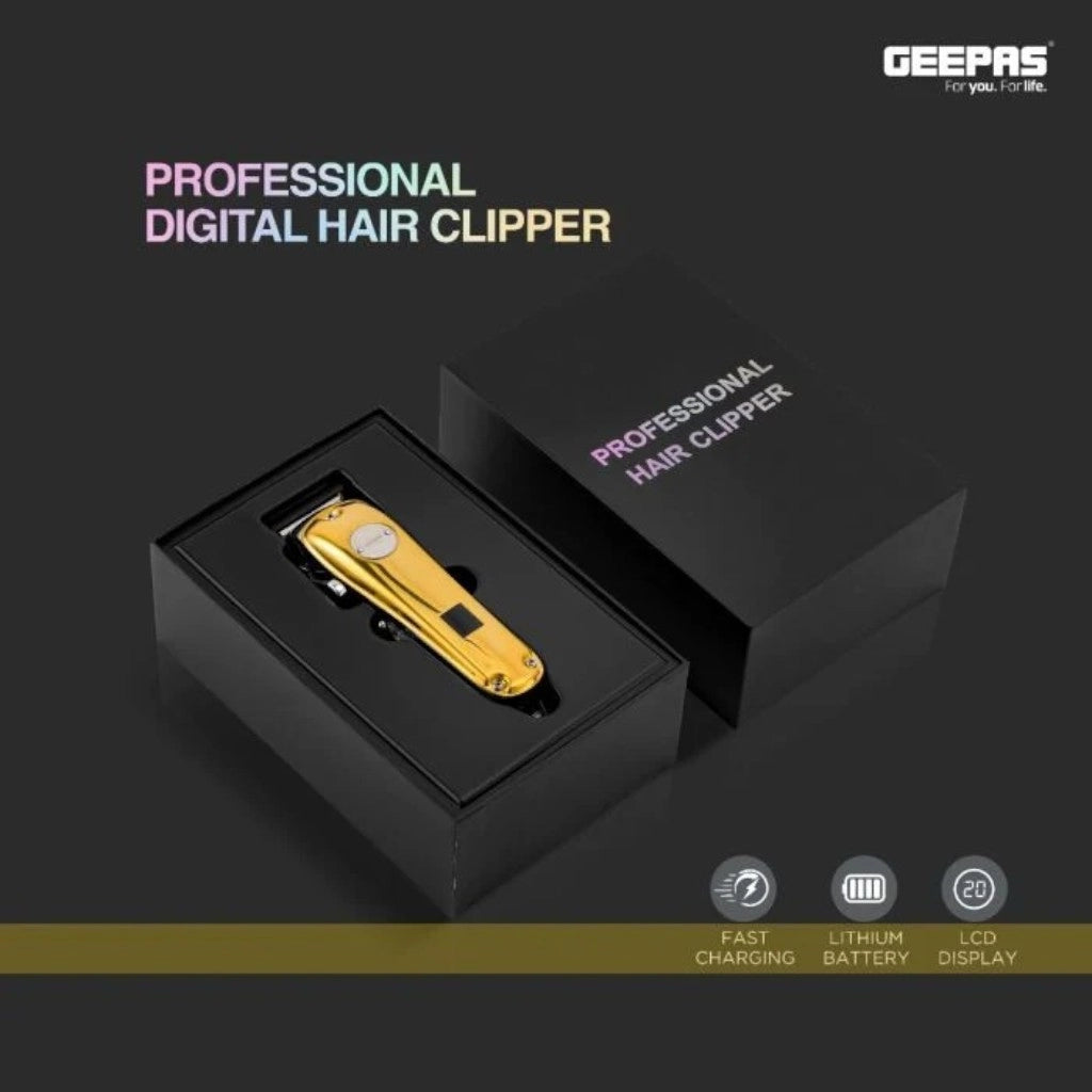 Geepas Professional Digital Hair Clipper – LCD Display, Cordless, 4 Adjustable Blades & Combs, 2500mAh Rechargeable Battery, Gold Finish - GTR57502 - Damoo