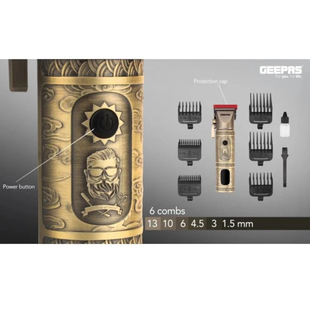 Geepas Professional Hair & Beard Clipper – Corded/Cordless, Fast Charging, 200 Minutes Runtime, 6 Guide Combs, LED Display, Gold Finish, 3.7V Motor - GTR56030 - Damoo