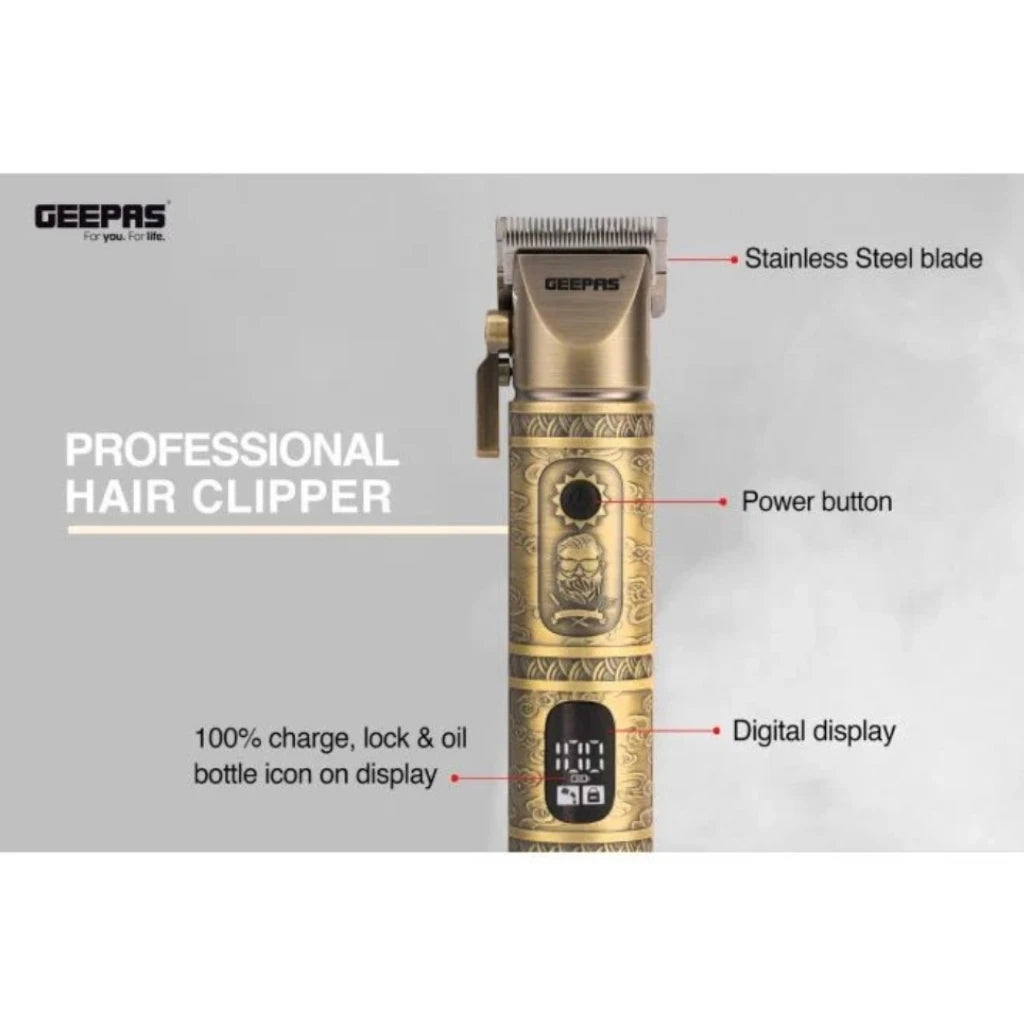 Geepas Professional Hair & Beard Clipper – Corded/Cordless, Fast Charging, 200 Minutes Runtime, 6 Guide Combs, LED Display, Gold Finish, 3.7V Motor - GTR56030 - Damoo