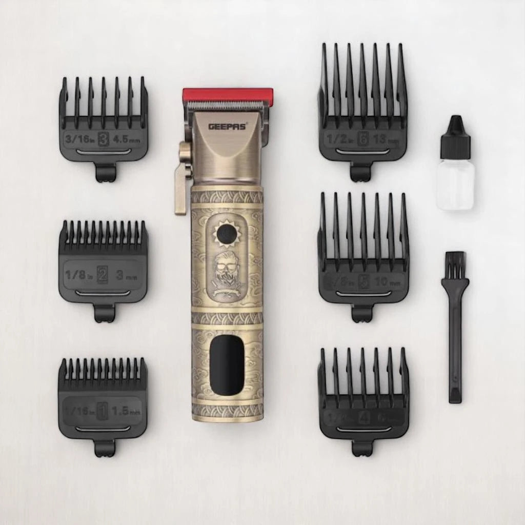 Geepas Professional Hair & Beard Clipper – Corded/Cordless, Fast Charging, 200 Minutes Runtime, 6 Guide Combs, LED Display, Gold Finish, 3.7V Motor - GTR56030 - Damoo