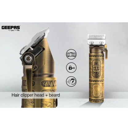 Geepas Professional Hair & Beard Clipper – Corded/Cordless, Fast Charging, 200 Minutes Runtime, 6 Guide Combs, LED Display, Gold Finish, 3.7V Motor - GTR56030 - Damoo