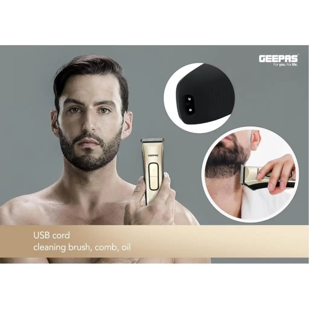 Geepas Rechargeable Cordless Hair & Beard Clipper – Precision Steel Blade, LED Display, Child Lock, 4 Comb Attachments, 50-Min Runtime, 1.5-Hour Fast Charge - GTR1383 - Damoo