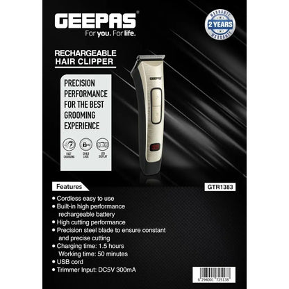 Geepas Rechargeable Cordless Hair & Beard Clipper – Precision Steel Blade, LED Display, Child Lock, 4 Comb Attachments, 50-Min Runtime, 1.5-Hour Fast Charge - GTR1383 - Damoo