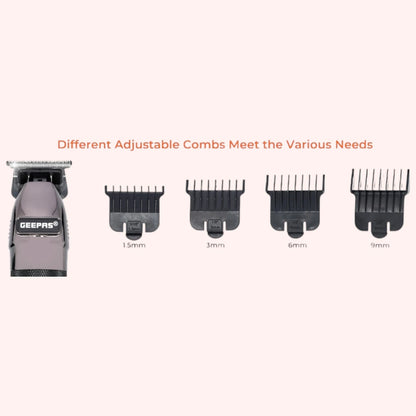 Geepas Rechargeable Hair Clipper for Men – Cordless Grooming Kit with LED Display, 2000mAh Lithium Battery, 120-Minute Runtime, USB Charging, Stainless Steel Blades & 4 Guide Combs - GTR56028 - Damoo