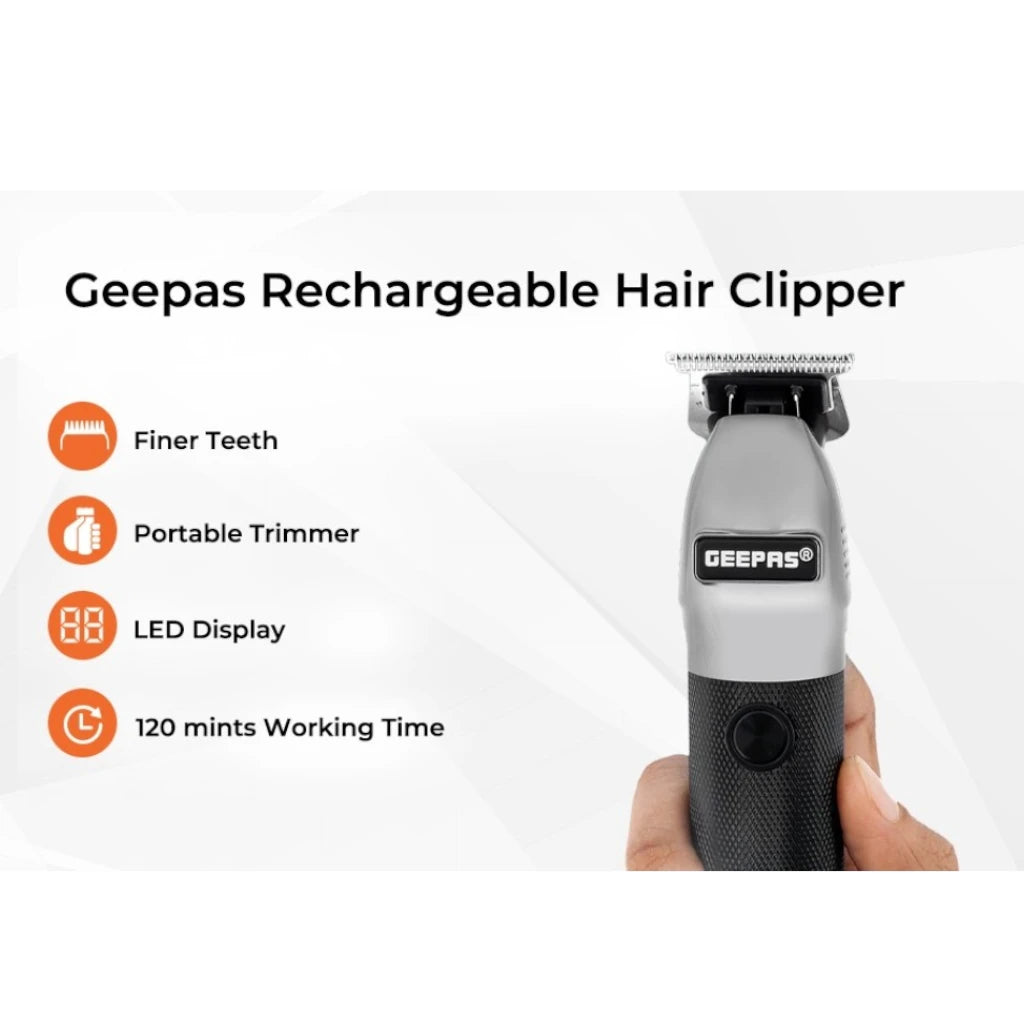 Geepas Rechargeable Hair Clipper for Men – Cordless Grooming Kit with LED Display, 2000mAh Lithium Battery, 120-Minute Runtime, USB Charging, Stainless Steel Blades & 4 Guide Combs - GTR56028 - Damoo