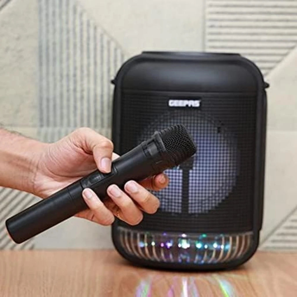 Geepas Rechargeable Portable Bluetooth Speaker – 1800mAh Battery, Dual Bass Speakers, TWS Function, FM/USB/AUX/BT/Micro SD Support, with Karaoke Mic & LED Lights - Damoo