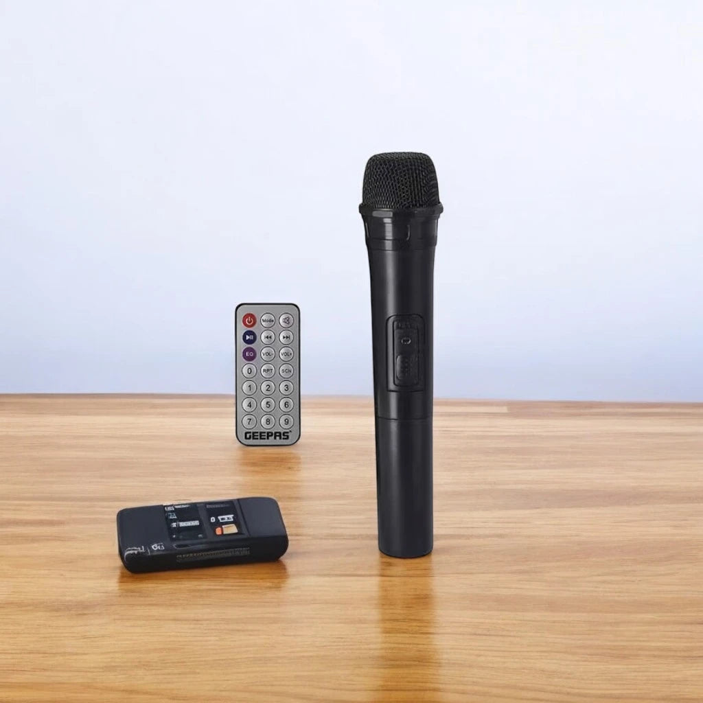 Geepas Rechargeable Portable Bluetooth Speaker – 1800mAh Battery, Dual Bass Speakers, TWS Function, FM/USB/AUX/BT/Micro SD Support, with Karaoke Mic & LED Lights - Damoo
