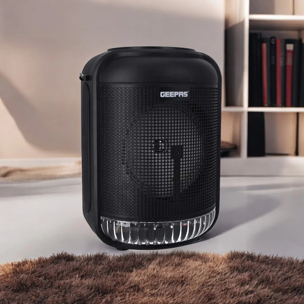Geepas Rechargeable Portable Bluetooth Speaker – 1800mAh Battery, Dual Bass Speakers, TWS Function, FM/USB/AUX/BT/Micro SD Support, with Karaoke Mic & LED Lights - Damoo