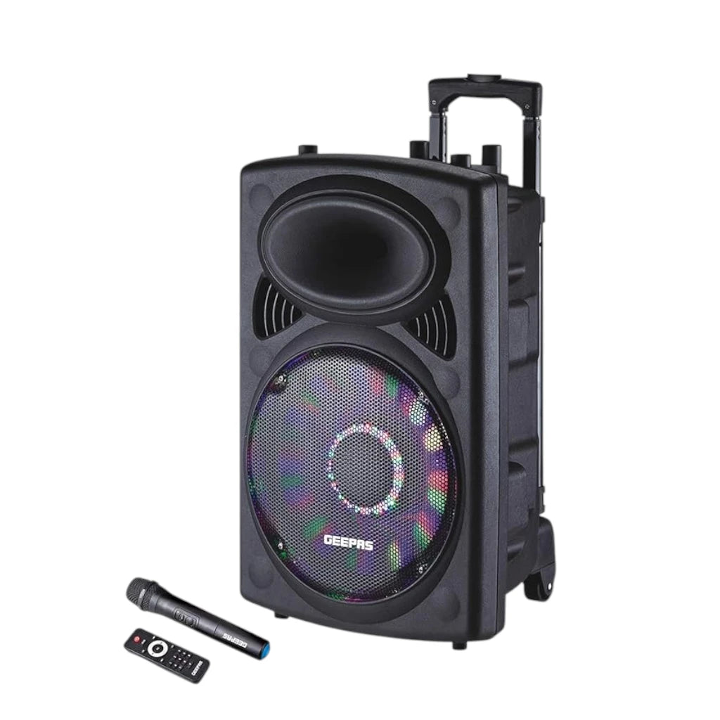 Geepas Rechargeable Trolley Bluetooth Speaker with 12” Woofer, Wireless Microphones, LED Disco Lights, FM Radio, USB/SD, Remote Control – GMS8519 - Damoo
