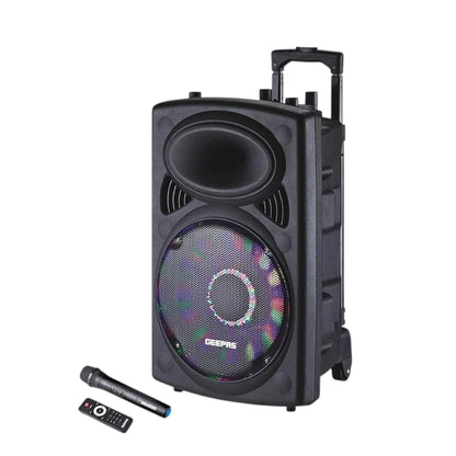 Geepas Rechargeable Trolley Bluetooth Speaker with 12” Woofer, Wireless Microphones, LED Disco Lights, FM Radio, USB/SD, Remote Control – GMS8519 - Damoo