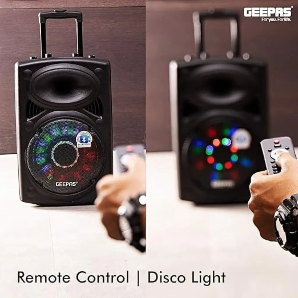 Geepas Rechargeable Trolley Bluetooth Speaker with 12” Woofer, Wireless Microphones, LED Disco Lights, FM Radio, USB/SD, Remote Control – GMS8519 - Damoo