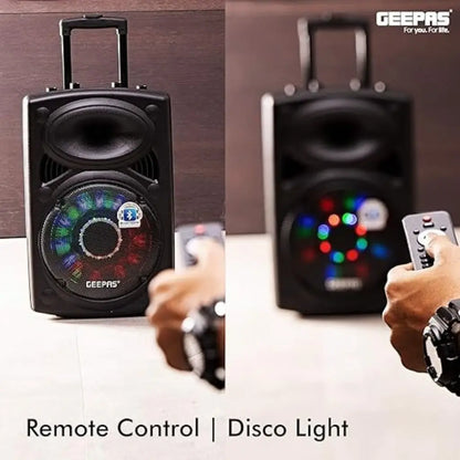 Geepas Rechargeable Trolley Bluetooth Speaker with 12” Woofer, Wireless Microphones, LED Disco Lights, FM Radio, USB/SD, Remote Control – GMS8519 - Damoo