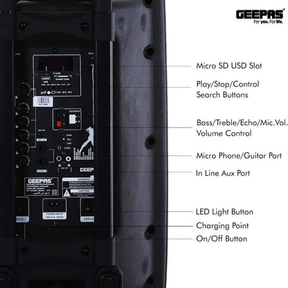 Geepas Rechargeable Trolley Bluetooth Speaker with 12” Woofer, Wireless Microphones, LED Disco Lights, FM Radio, USB/SD, Remote Control – GMS8519 - Damoo