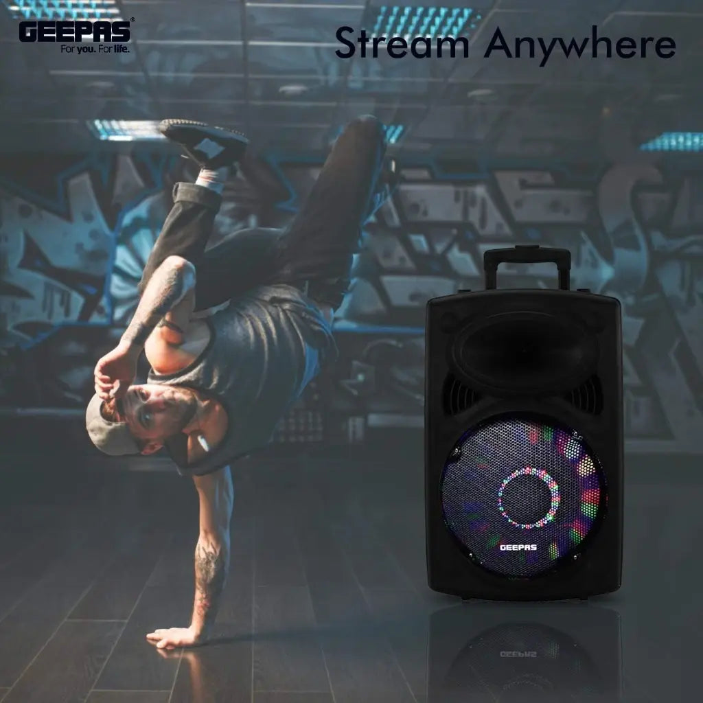 Geepas Rechargeable Trolley Bluetooth Speaker with 12” Woofer, Wireless Microphones, LED Disco Lights, FM Radio, USB/SD, Remote Control – GMS8519 - Damoo
