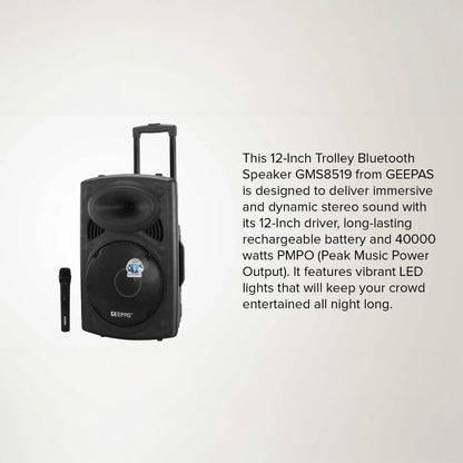 Geepas Rechargeable Trolley Bluetooth Speaker with 12” Woofer, Wireless Microphones, LED Disco Lights, FM Radio, USB/SD, Remote Control – GMS8519 - Damoo
