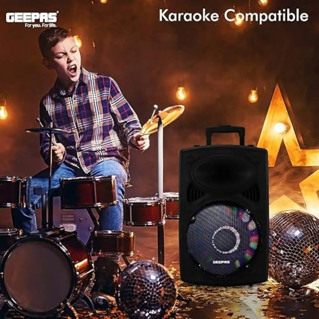 Geepas Rechargeable Trolley Bluetooth Speaker with 12” Woofer, Wireless Microphones, LED Disco Lights, FM Radio, USB/SD, Remote Control – GMS8519 - Damoo