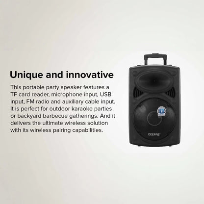 Geepas Rechargeable Trolley Bluetooth Speaker with 12” Woofer, Wireless Microphones, LED Disco Lights, FM Radio, USB/SD, Remote Control – GMS8519 - Damoo