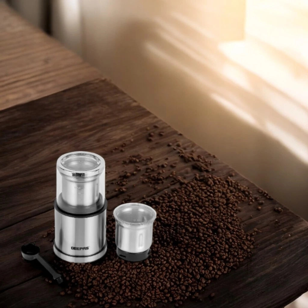 Geepas Stainless Steel Coffee Grinder – 200W, 2-in-1 Wet & Dry Jar, Overheat Protection, Stainless Steel Bowl & Blade, Transparent Lid - GCG41021 - Damoo