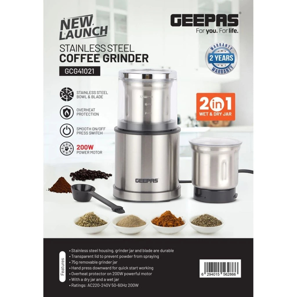 Geepas Stainless Steel Coffee Grinder – 200W, 2-in-1 Wet & Dry Jar, Overheat Protection, Stainless Steel Bowl & Blade, Transparent Lid - GCG41021 - Damoo