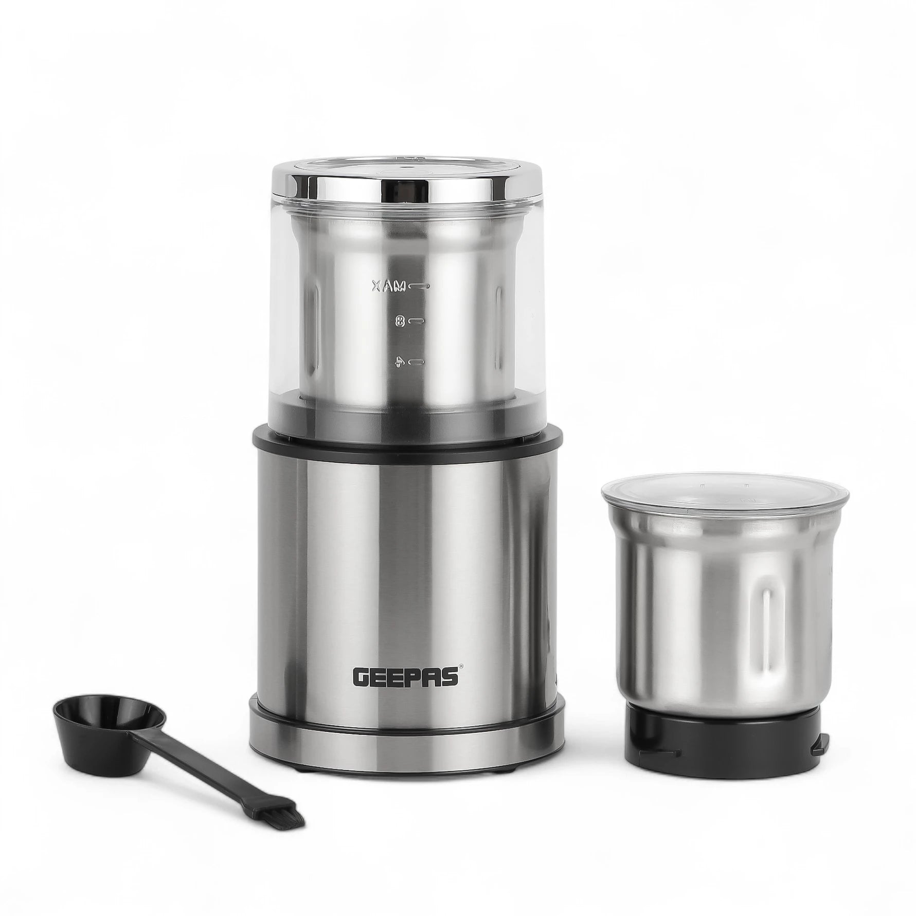 Geepas Stainless Steel Coffee Grinder – 200W, 2-in-1 Wet & Dry Jar, Overheat Protection, Stainless Steel Bowl & Blade, Transparent Lid - GCG41021 - Damoo