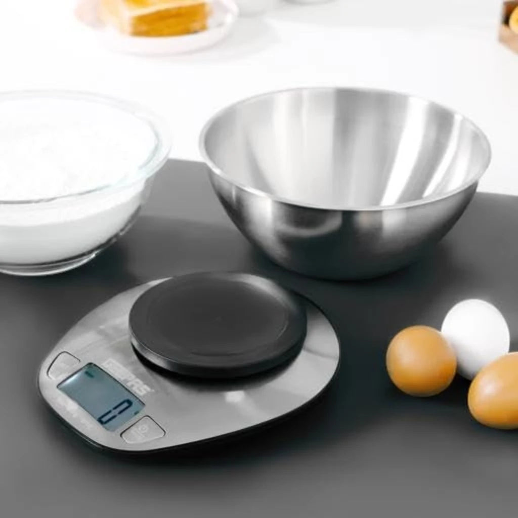 Geepas Stainless Steel Digital Kitchen Scale – 5kg Capacity, Overload Indicator, Low Battery Alert, Precision Weight Measurement for Cooking & Baking – Silver - GKS4203N - Damoo