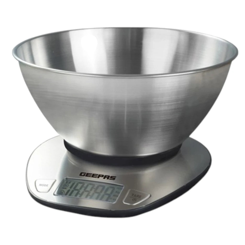 Geepas Stainless Steel Digital Kitchen Scale – 5kg Capacity, Overload Indicator, Low Battery Alert, Precision Weight Measurement for Cooking & Baking – Silver - GKS4203N - Damoo